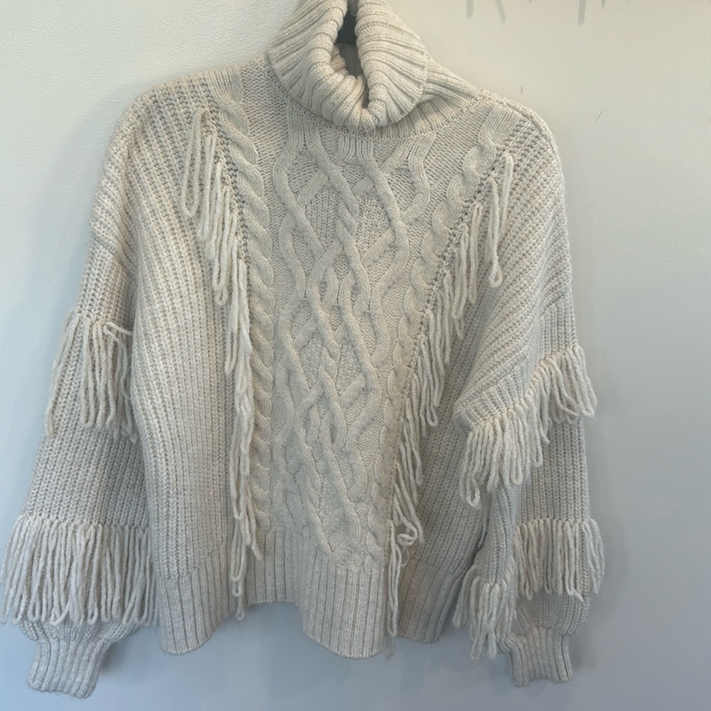 River Island cream chunky cable knit fringe winter cozy long sleeve turtleneck